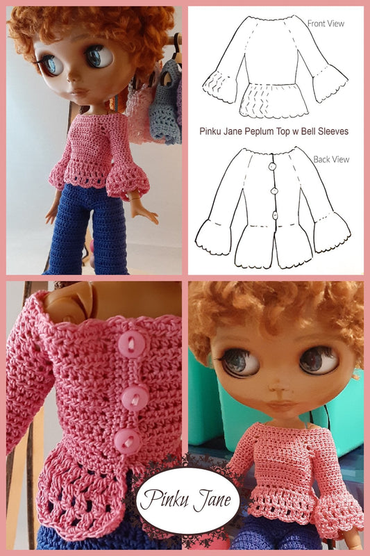 Peplum Top w Bell Sleeves Crochet Pattern For 12" Blythe Dolls
